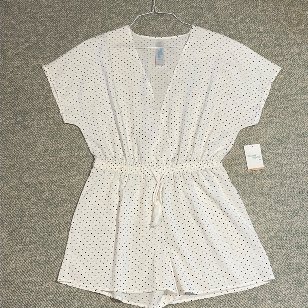 Sugar Coast Romper Swim Cover Up Faux Wrap White Black Dots Size L NWT